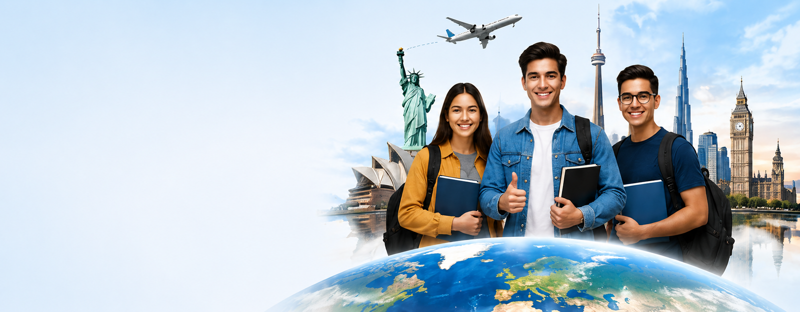 Smiling students with global landmarks and airplane